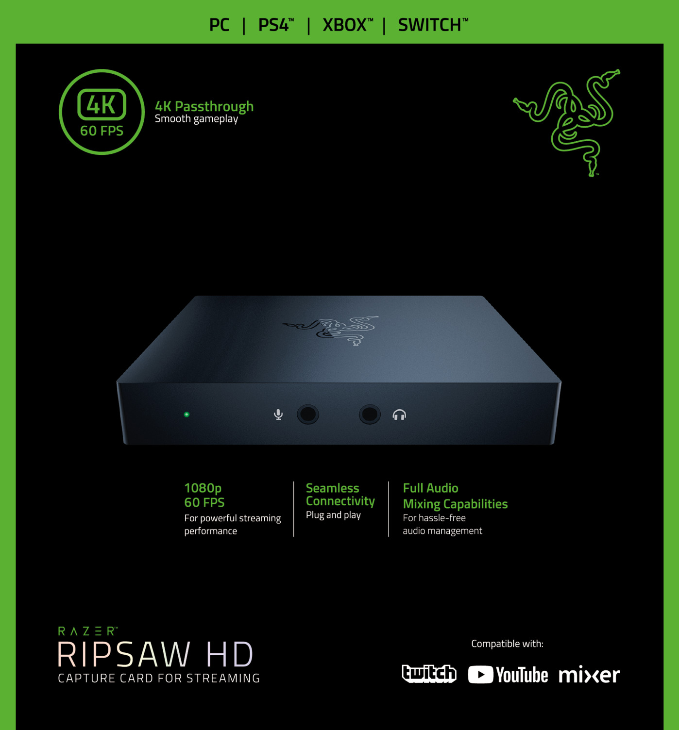 Razer Ripsaw HD Capture Card ของแท้ ประกันศูนย์ 2ปี รุ่นใหม่ ภาพคมชัด