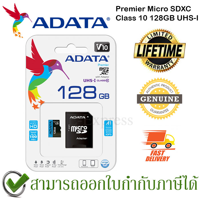 ADATA 128GB Premier Micro SDXC Memory Card Class 10 UHS-I Read 100/Write 25  MB/s ของแท้ พร้อม SD Adapter ประกันศูนย์ Limited Lifetime